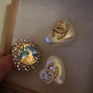 Rainbow quartz elastic band ring and fashion faux pearl heart earrings
